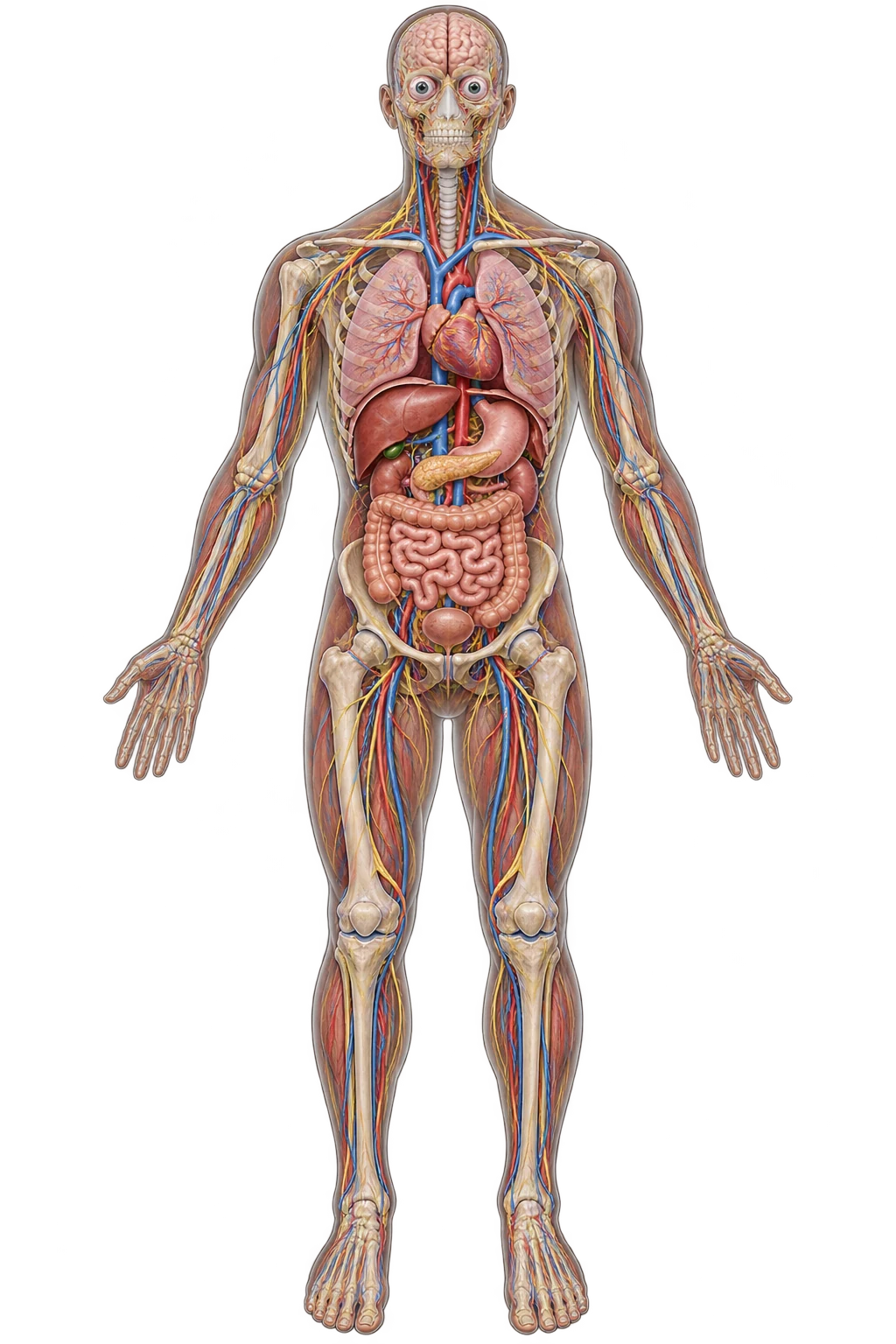 Ilustração anatômica educativa do corpo humano em vista anterior, com órgãos e sistemas visíveis.